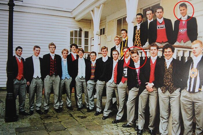 Group of young men in preppy attire representing celebrity friendships before fame