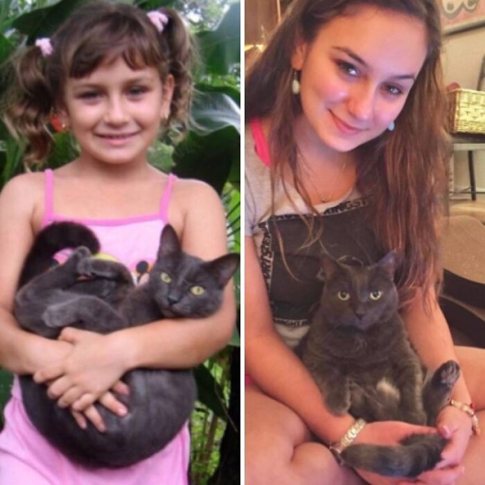 A split image of a girl and her cat, first as a child, then grown up, showcasing pets who have grown up alongside their owners.