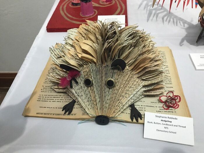 A book crafted into a hedgehog, an example of how creative people turn trash into something artistic.