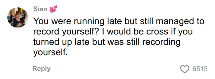 Comment from social media user Sian criticizing someone for recording themselves while running late, related to health and wellness girly incident.