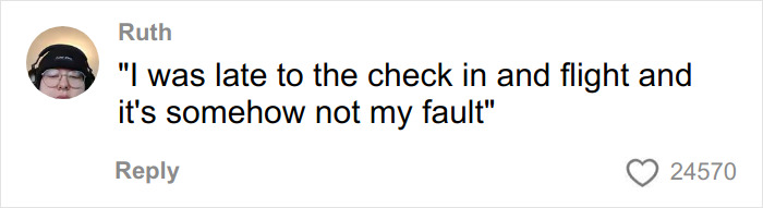 Comment from user Ruth blaming a late check-in for flight issues in a discussion about health and wellness girly airline experience.
