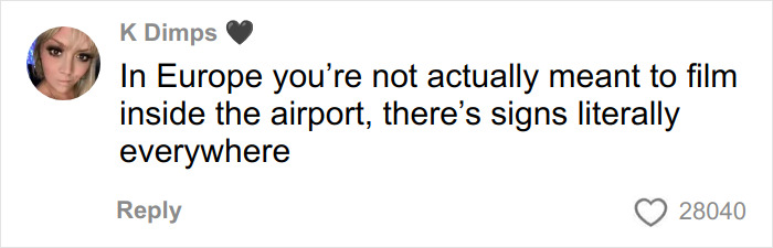 Social media comment about filming restrictions inside European airports amid health and wellness controversy.