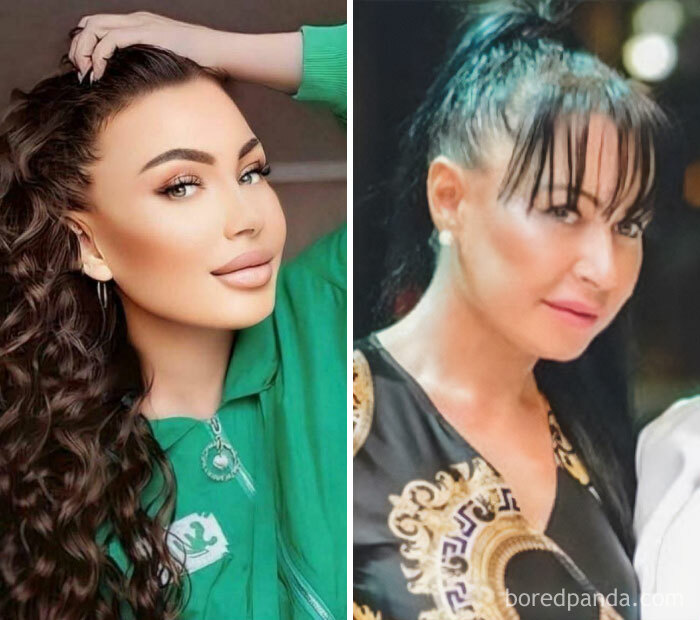 Two women with heavily edited faces showcasing wild Instagram edits that distort real human facial features.