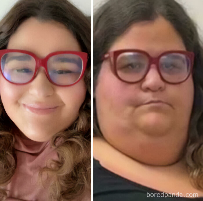 Side-by-side photos showing wild Instagram edits distorting a human face with red glasses and curly hair.