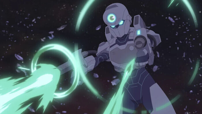 Tech Jacket character from Invincible Season 4 using glowing green energy powers in a space battle scene.