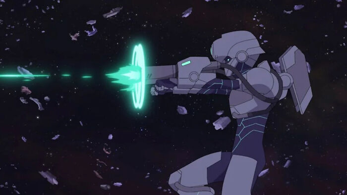 Tech Jacket firing energy weapon in space, featured as a new Invincible Season 4 character with a futuristic armored suit.