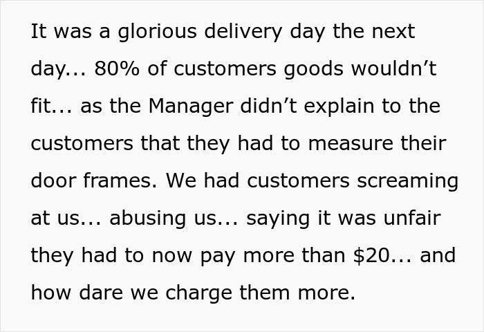 Text excerpt describing delivery day issues with customers upset over measurements and extra charges, highlighting overworked and underpaid challenges.