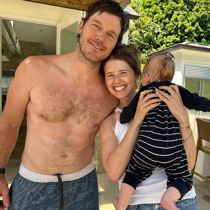 Katherine Schwarzenegger with husband Chris Pratt and their baby outdoors, highlighting nepo baby family moments and reactions.