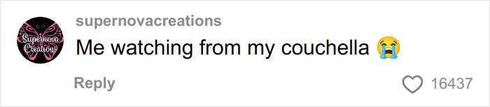 Comentário no Instagram de supernovacreations lendo Eu assistindo da minha couchella com um emoji chorando, relacionado à reação distópica da turnê da casa Coachella de Kylie Jenner.