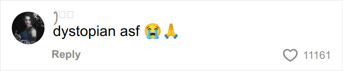 Comentário na mídia social lendo distópico com emojis de choro e oração, reagindo à reação da turnê da casa de Kylie Jenner no Coachella.