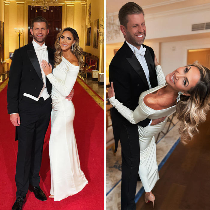A man in a tuxedo and woman in a white gown posing, highlighting MAGA figures at a White House event.