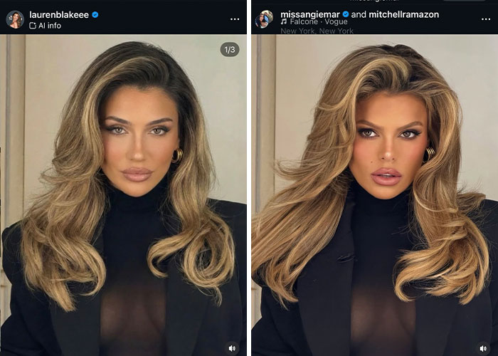 Side-by-side photos of a glamorous white influencer with voluminous hair and makeup, fans notice something is off.