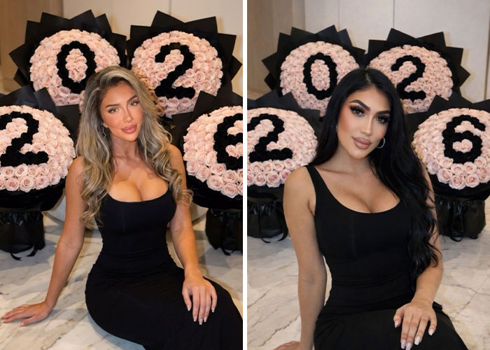 Two glamorous white influencers posing in black dresses in front of rose bouquets with numbers, fans notice something is off