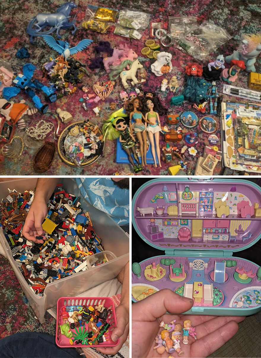 Found items from Goodwill bins: A pile of toys, a container of Legos, and a Polly Pocket set.