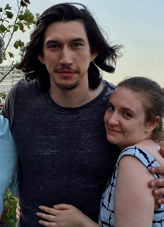 Adam Driver and Lena Dunham posing together outdoors, related to disturbing accusations on Girls set.