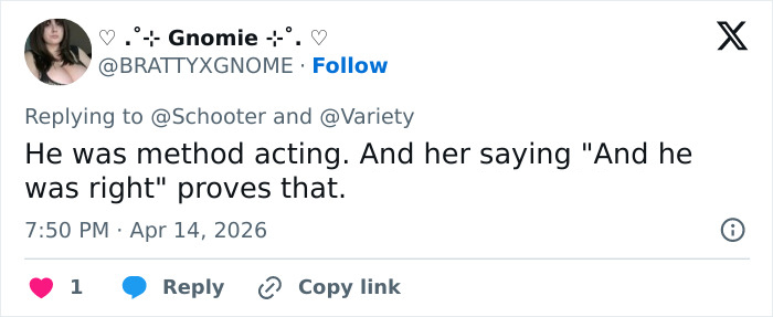 Twitter user Gnomie replies about method acting related to Lena Dunham and Adam Driver on Girls set controversy.