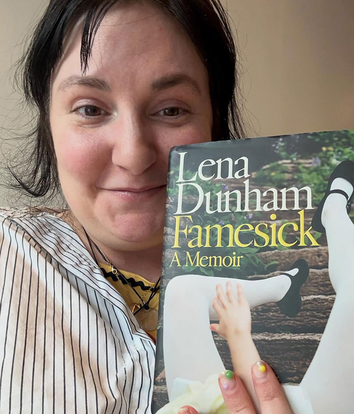 Lena Dunham holding her memoir, related to disturbing accusations involving Adam Driver from Girls set.