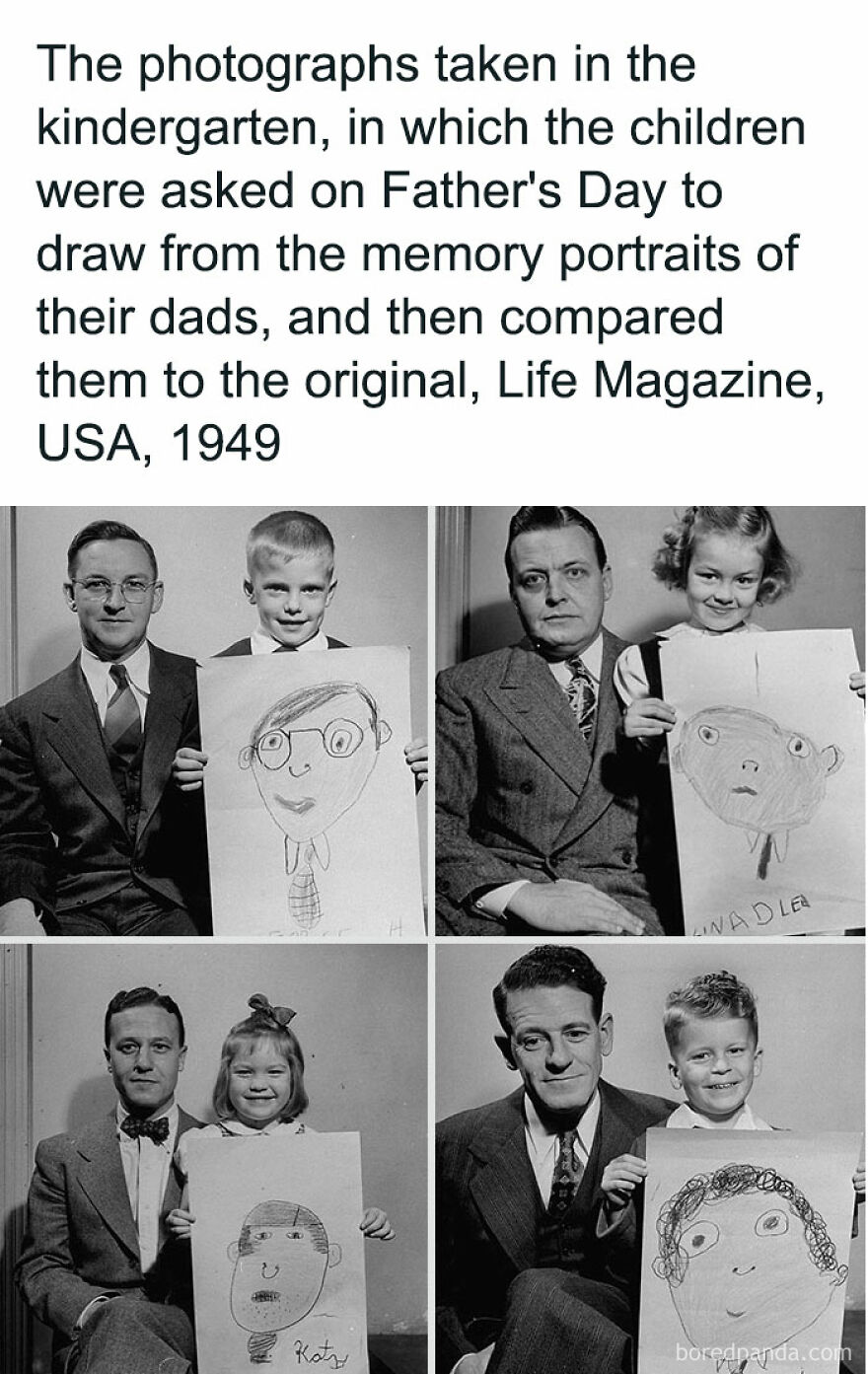 Fascinating photos from 1949: children and their dads holding drawings the kids made of them, revealing history.
