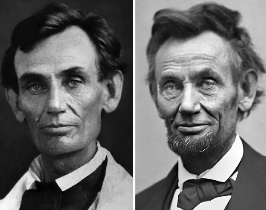 A fascinating photo of Abraham Lincoln, clean-shaven and bearded, showing the passage of time. Learn history in a new way.