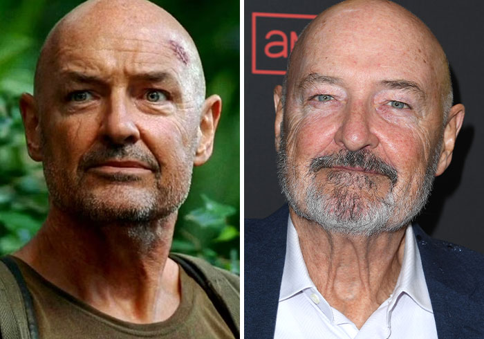 Actor from the Lost cast shown in character with scars on the left and older with a beard on the right, highlighting aging.
