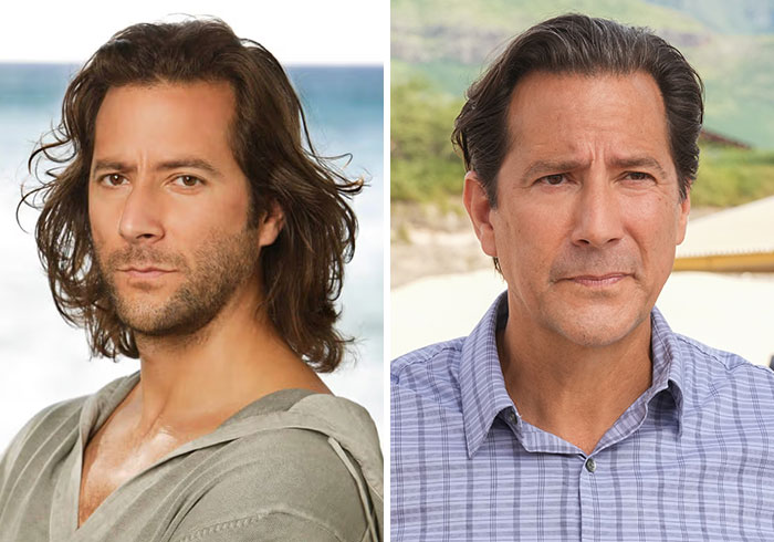 Side-by-side images of vampire cast members from Lost showing how they have aged over 20 years since the show premiered