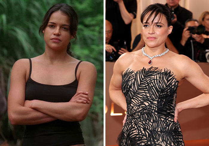 Michelle Rodriguez as a vampire in Lost, shown then and now, highlighting how the cast aged since the show premiered over 20 years ago