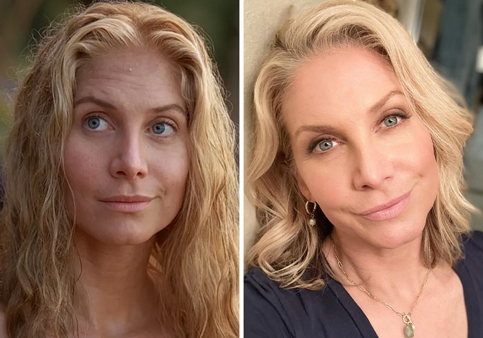 Actress from Lost showing how the cast aged over 20 years with blonde hair and blue eyes in two side-by-side photos.