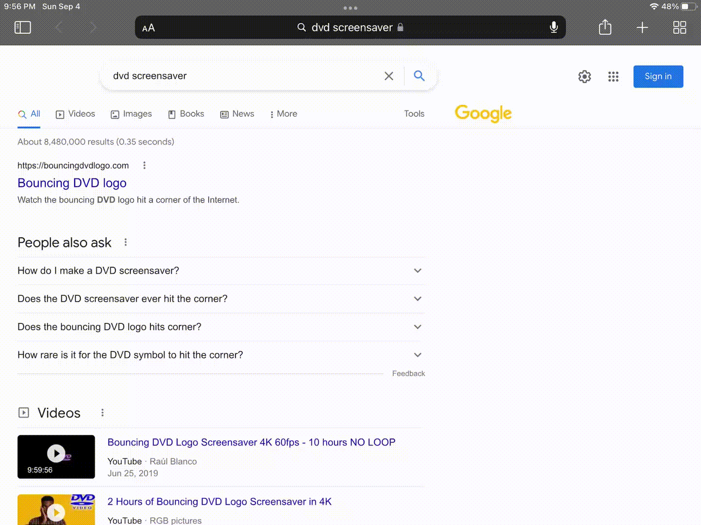 Google search results showing queries and videos related to the DVD screensaver Easter egg and hidden Google tricks.