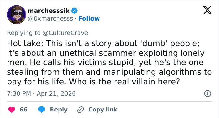 A tweet from marchessik about an unethical scammer, relevant to a MAGA influencer's real identity being revealed.