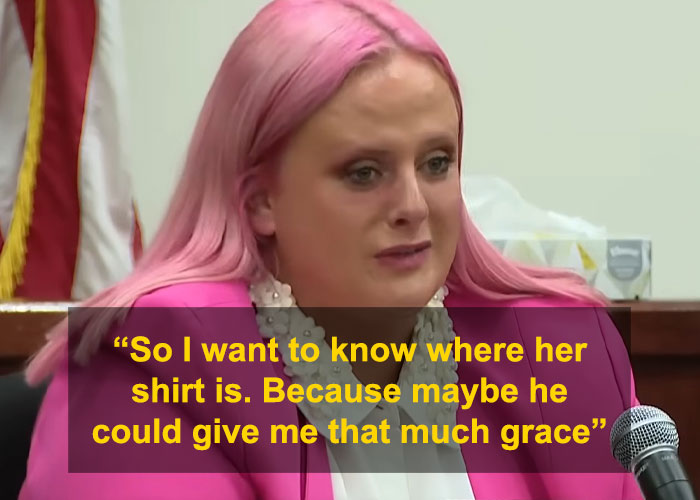 Woman with pink hair in courtroom sharing emotional testimony about Athena Strand&rsquo;s mom confronting FedEx driver.