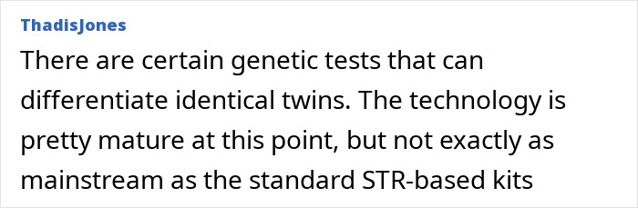 Text excerpt discussing genetic tests for differentiating identical twins and technology maturity in paternity cases.