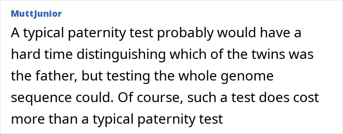 Text explaining challenges in paternity testing for identical twins and the need for whole genome sequencing tests.