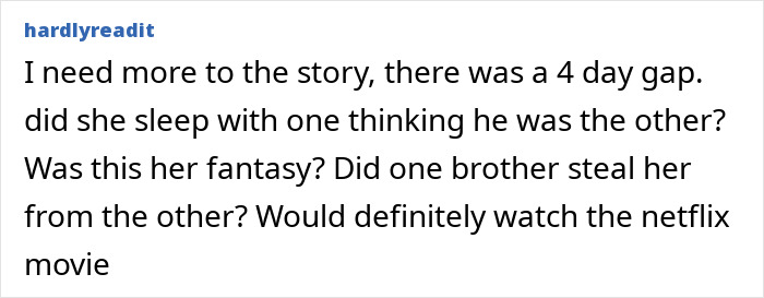 Text comment discussing a puzzling story about a mom pregnant by identical twins, raising questions on paternity issues.