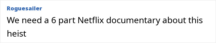 Screenshot of an online comment mentioning the need for a Netflix documentary about the KitKat heist and stolen KitKat tracker.