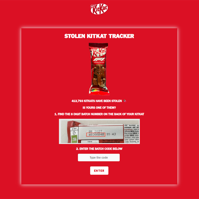 Red KitKat Stolen KitKat Tracker page showing a KitKat bar and instructions to enter batch code online.