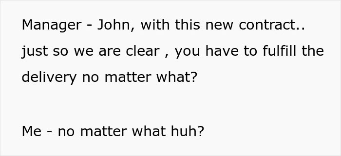 Text conversation showing a manager stressing contract delivery urgency and a person questioning the no matter what demand.