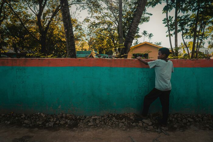 A young boy leans against a colorful wall, looking out at trees and a house. Reminiscent of family secrets.