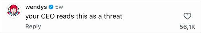 Wendy's Instagram comment joking about McDonald&rsquo;s CEO viral Big Arch Burger reaction, viewed on a mobile screen.