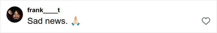 Uma postagem de frank__t no Instagram dizendo notícias tristes, com um emoji de mãos em oração, possivelmente relacionado ao amor secreto de Mel Gibson.