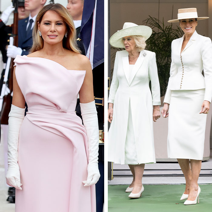 Melania Trump in a pink gown and white gloves, and later in a white suit with Camilla. MAGA figures fashion.