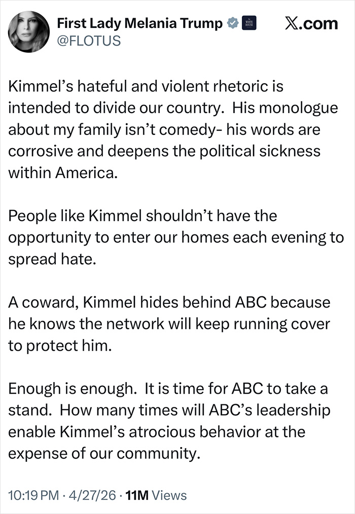 Melania Trump Blasts ‘Coward’ Jimmy Kimmel Over Monologue Delivered Days Before WHCD Attack