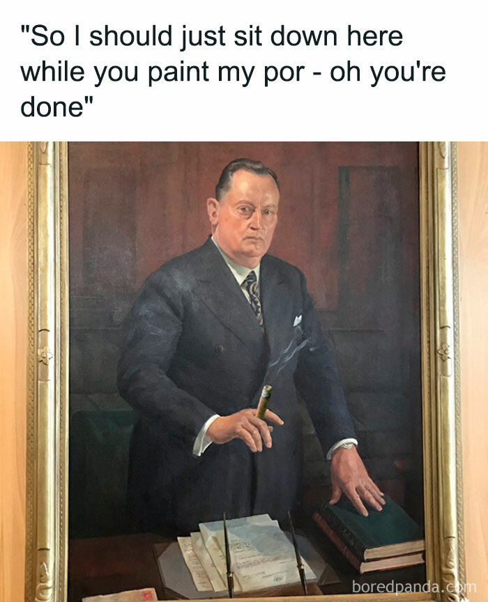 Man in formal suit holding a cigar in a classic portrait with a humorous safe-for-work meme caption.