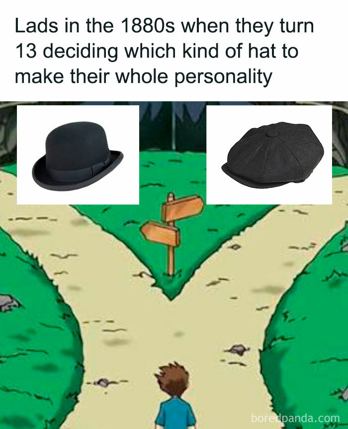 Boy at a fork in the road choosing between two hats, a bowler and a newsboy cap, in a funny safe-for-work meme.