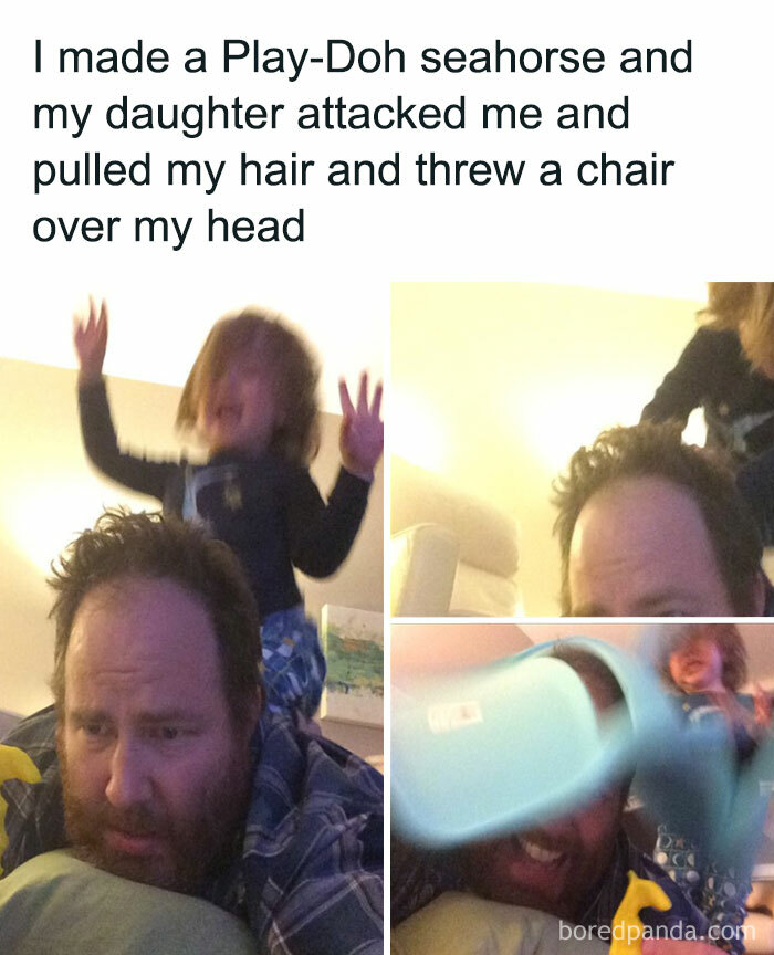 Man playing with child at home in funny and lighthearted memes about safe-for-work family moments.