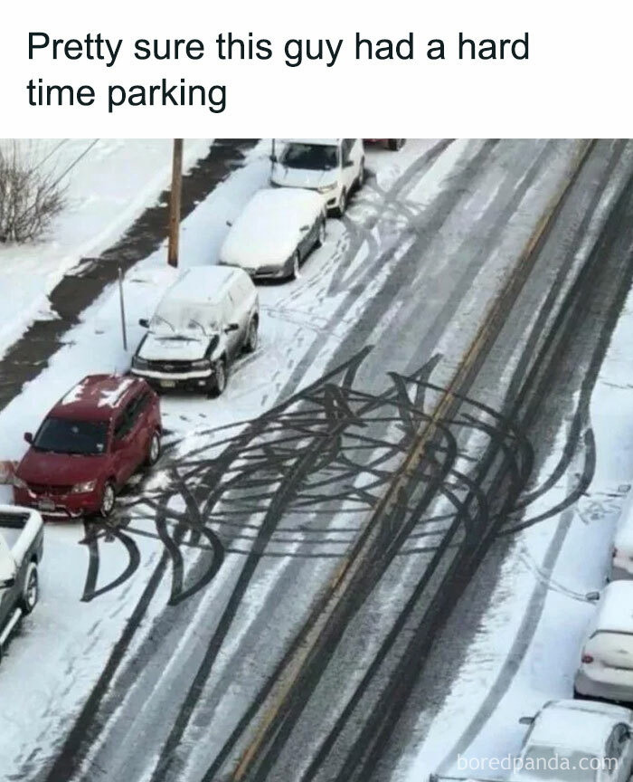 Car tire tracks forming a chaotic pattern on a snowy road, illustrating a funny and lighthearted meme about parking struggles.