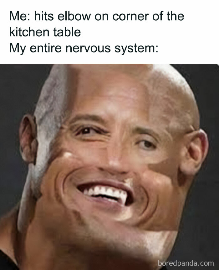 Distorted face meme illustrating the nervous system reaction to hitting elbow, a funny and lighthearted safe-for-work meme.