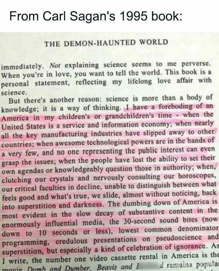Excerpt from Carl Sagan's book highlighting foreboding of America’s decline in science and rise of ignorance today.