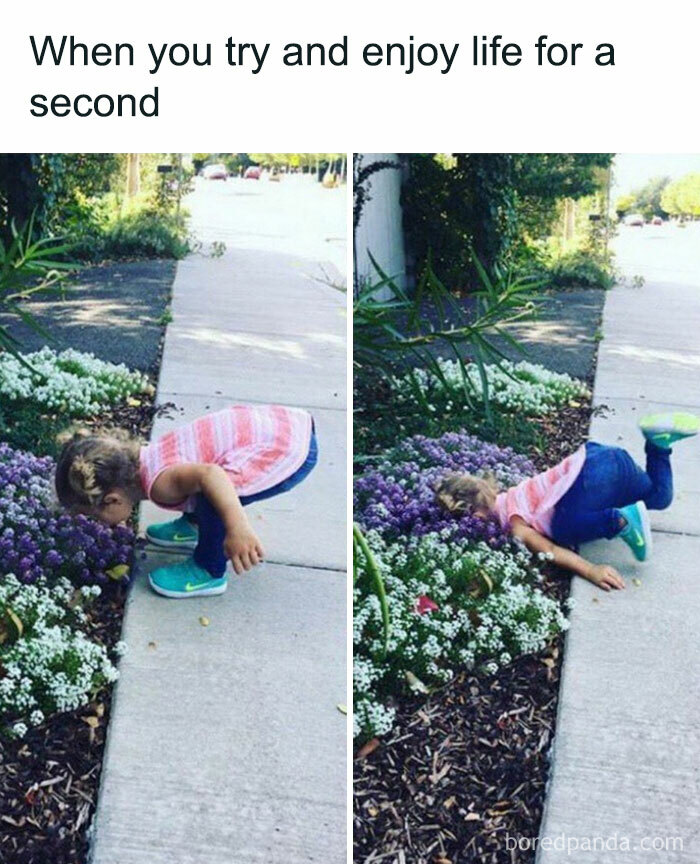 Child wearing sneakers and a striped shirt falls while enjoying life outside in a funny safe-for-work meme.