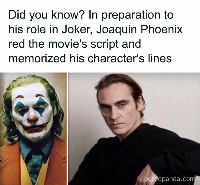 A surprisingly funny anti-meme about Joaquin Phoenix in Joker, next to a photo of him as the Joker and a regular portrait.