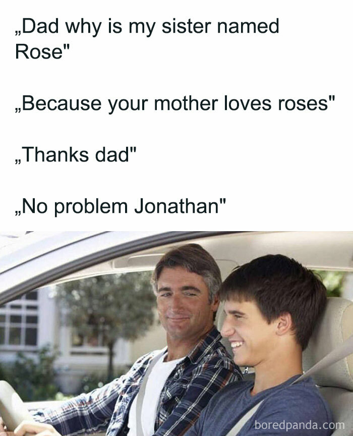 An anti-meme: Dad driving a car, smiling, with his son next to him, laughing. Funny text exchange above.